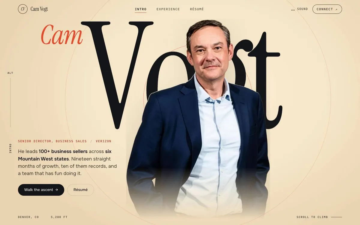Preview of version one: Cam's portrait in front of the word Vogt on warm paper.