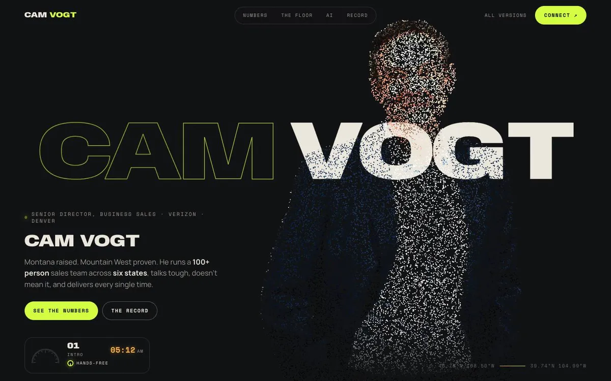 Preview of version two: Cam's portrait made of glowing particles on a dark dashboard-style page.