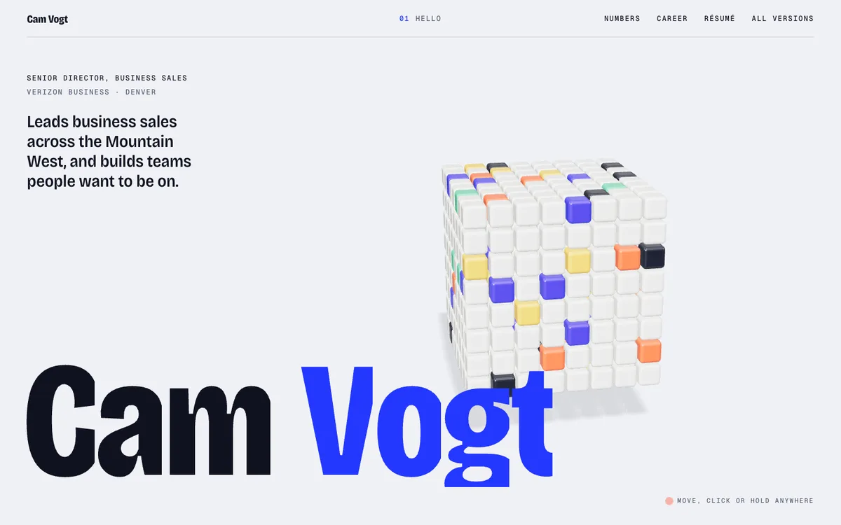 Preview of version three: a cube of glossy blocks beside the name Cam Vogt on cool white.