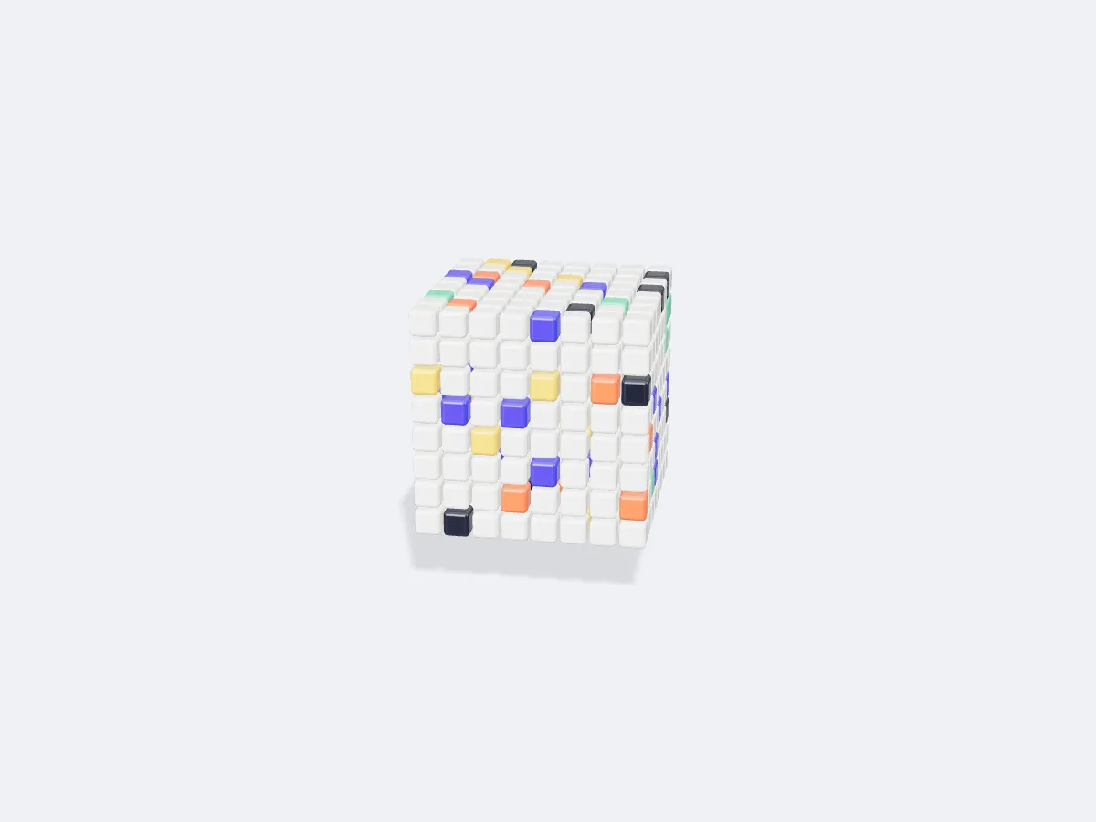 A cube built from 512 small glossy blocks, mostly ivory with scattered blue, coral and yellow.