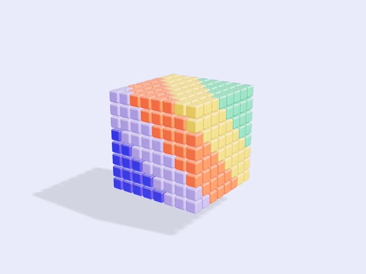 The cube of blocks again, now in bands of blue, lilac, coral, yellow and green.