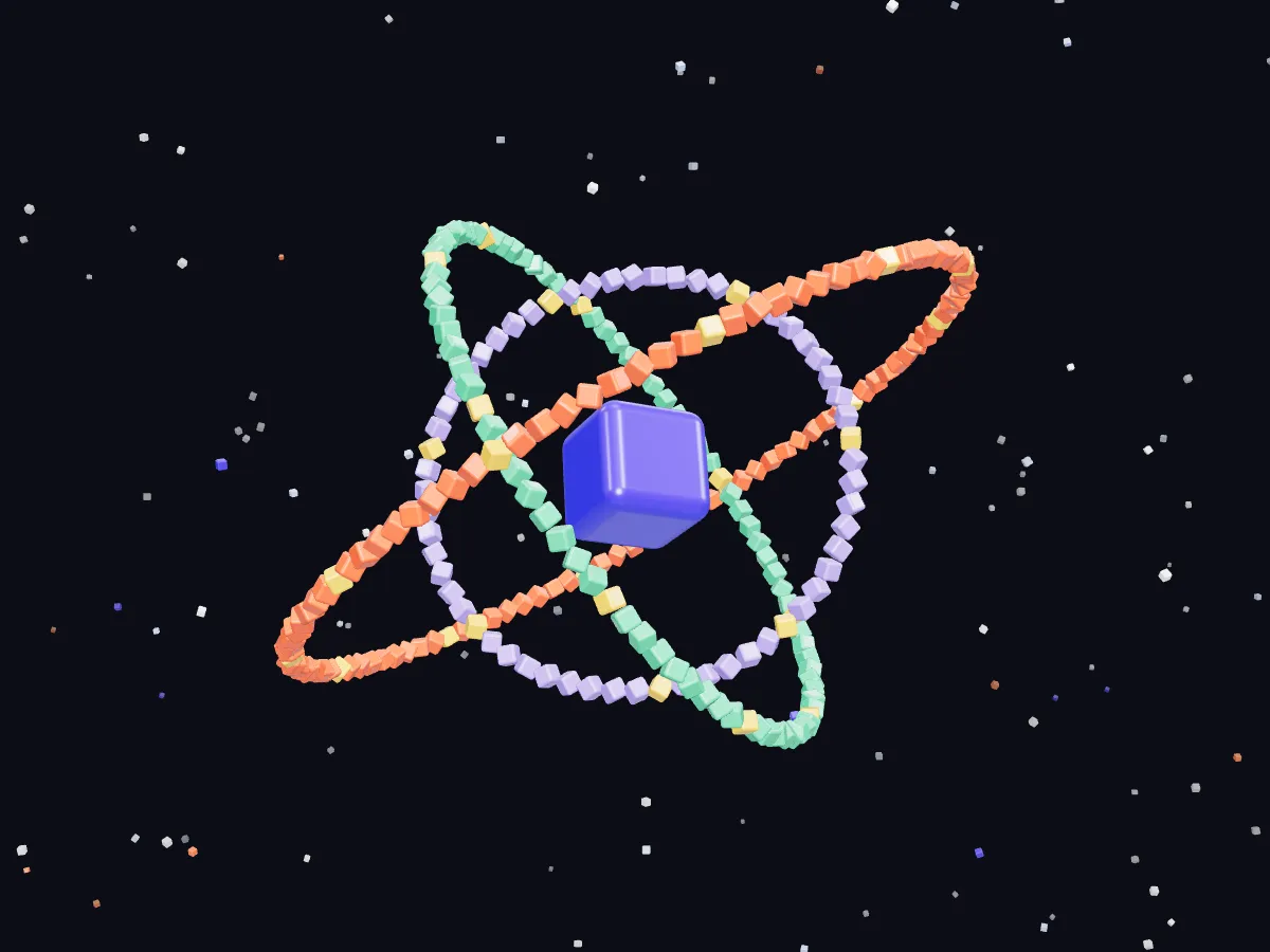 One large blue block orbited by three rings of smaller blocks.