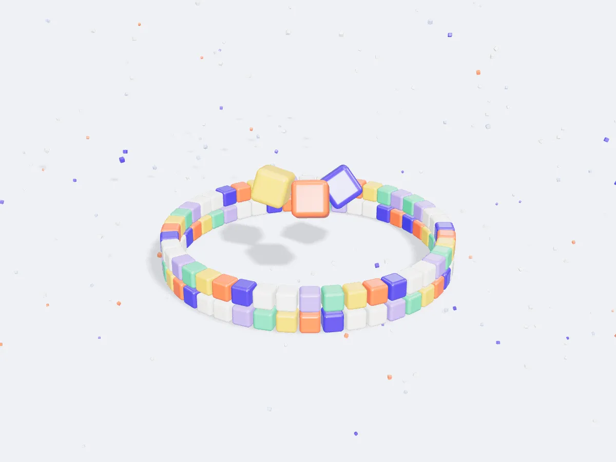 A ring of colorful blocks around three larger floating blocks.